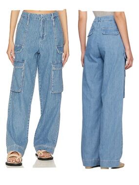 FRAME Blue Cargo Jeans Rhythm Light Wash Denim Cargo Wide Leg Utility Size 28